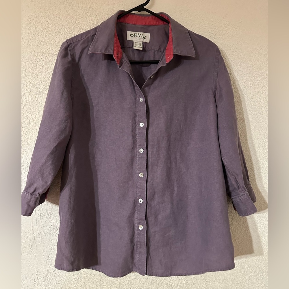 Orvis Button Up Shirt Women Lavender 100% Linen 3/4 Sleeve Size M(10/12)